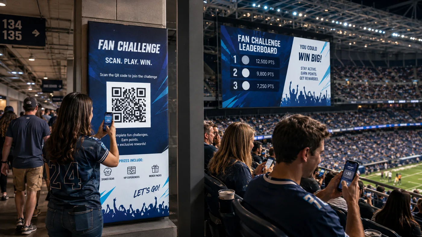 Aficionados participando con móviles y QR dentro de un estadio