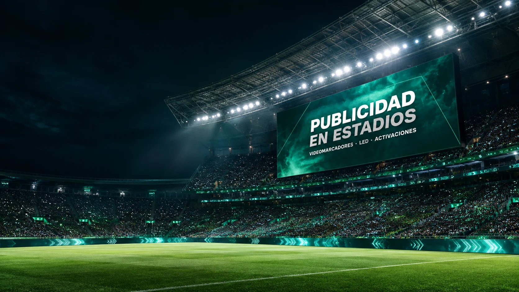 Estadio lleno con gran videomarcador y publicidad LED